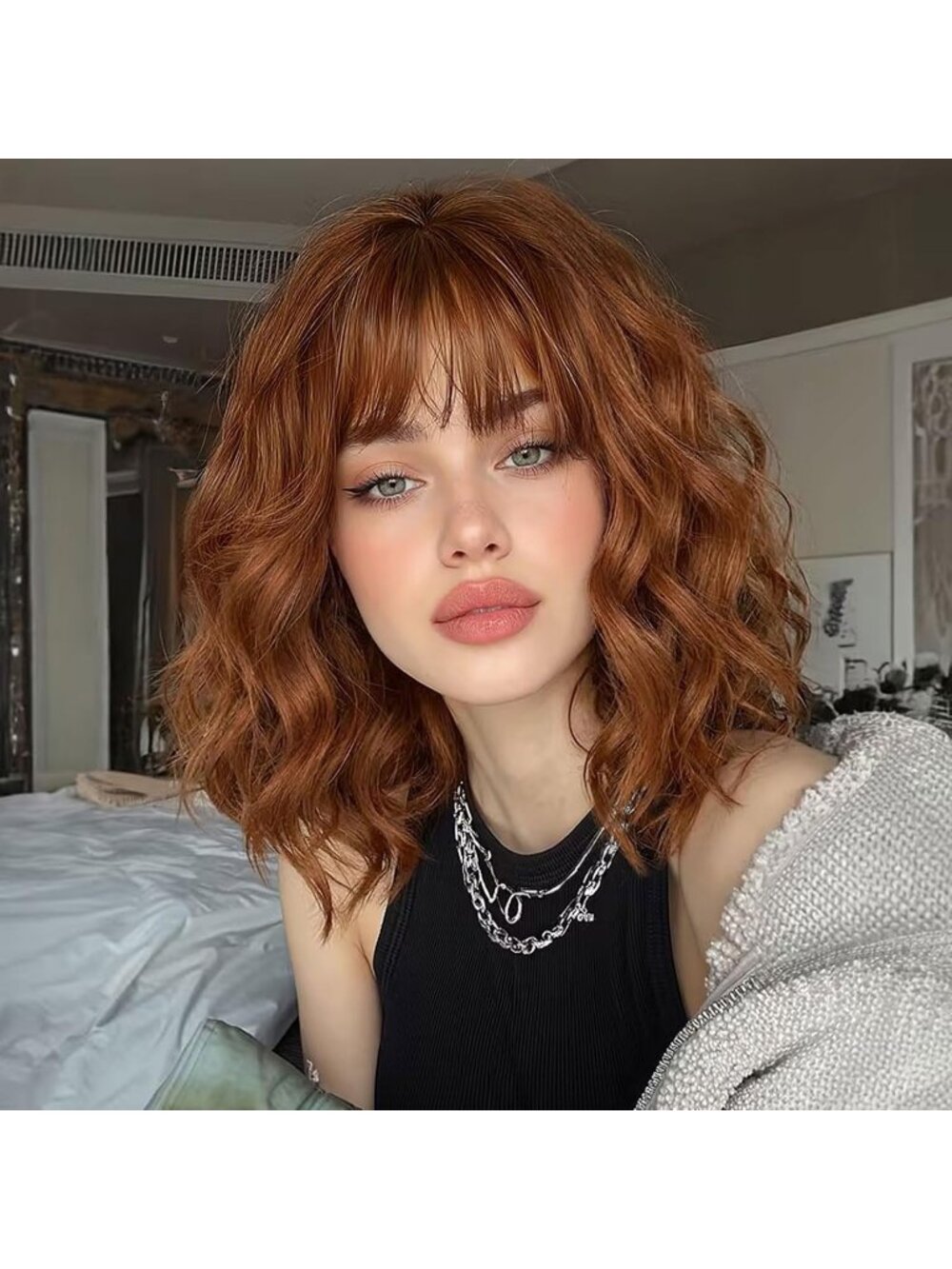 14 inch Women's Fashion Auburn Soft Synthetic Short Bob Curly Wig with Bangs